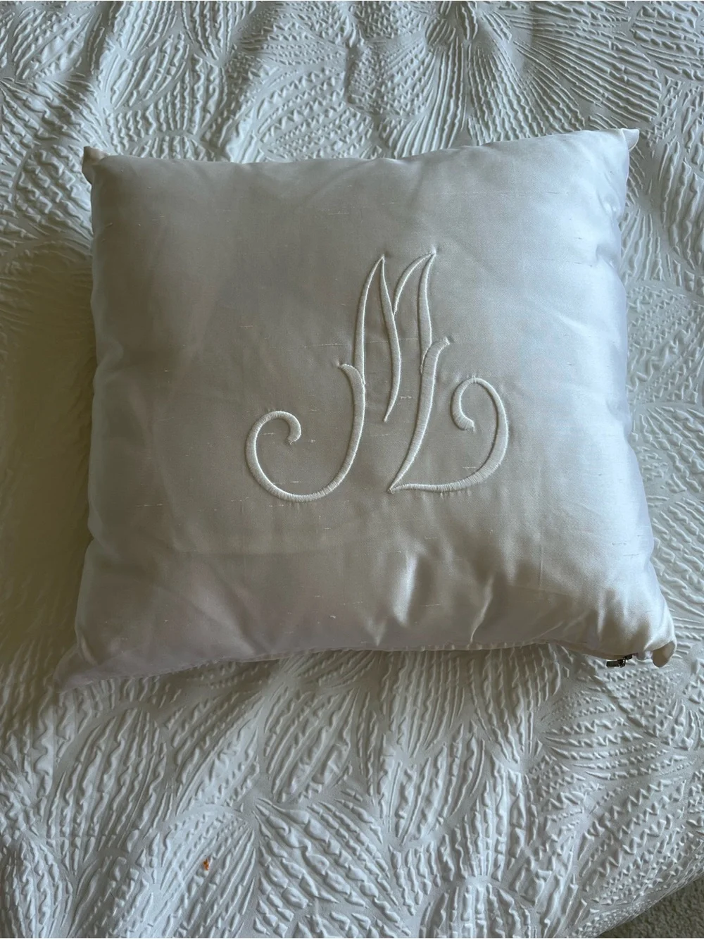 Embroidered Monogram White Decorative Pillow - Classic Bedding Accent